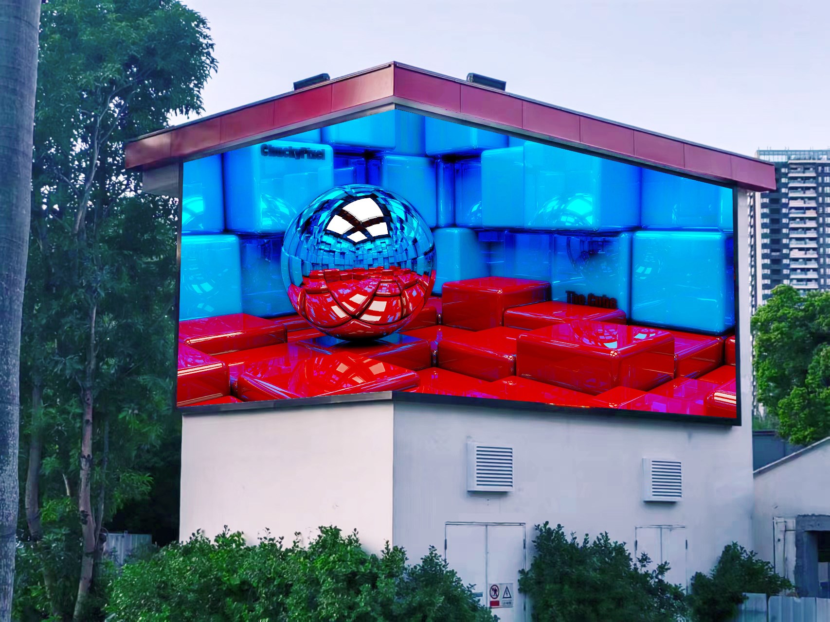 RGBVISIONLED V4 Series LED display with 90 degree installation to create a 3D naked-eye displaying board